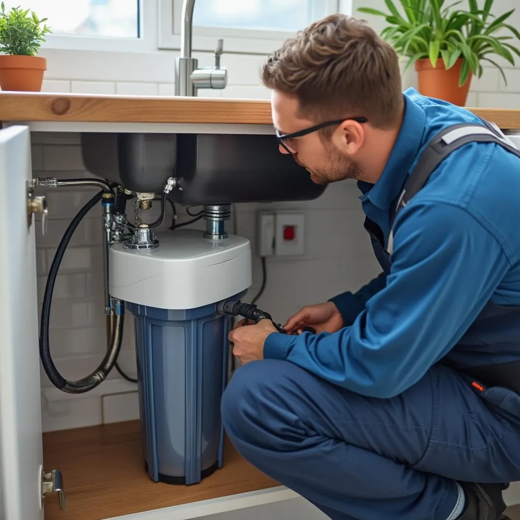 Technik inštaluje filter v kuchyni