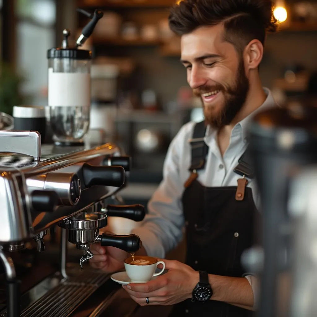 Barista pripravujúci kávu s filtrovanou vodou